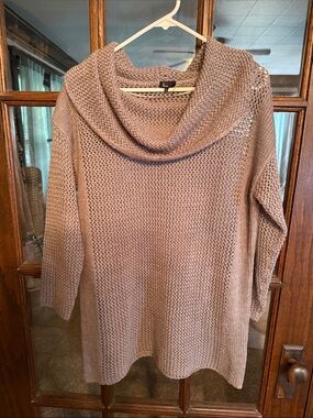 6 by six Women Taupe Open Knit Cowl Neck Tunic Sweater Size M‎ Long Sleeve